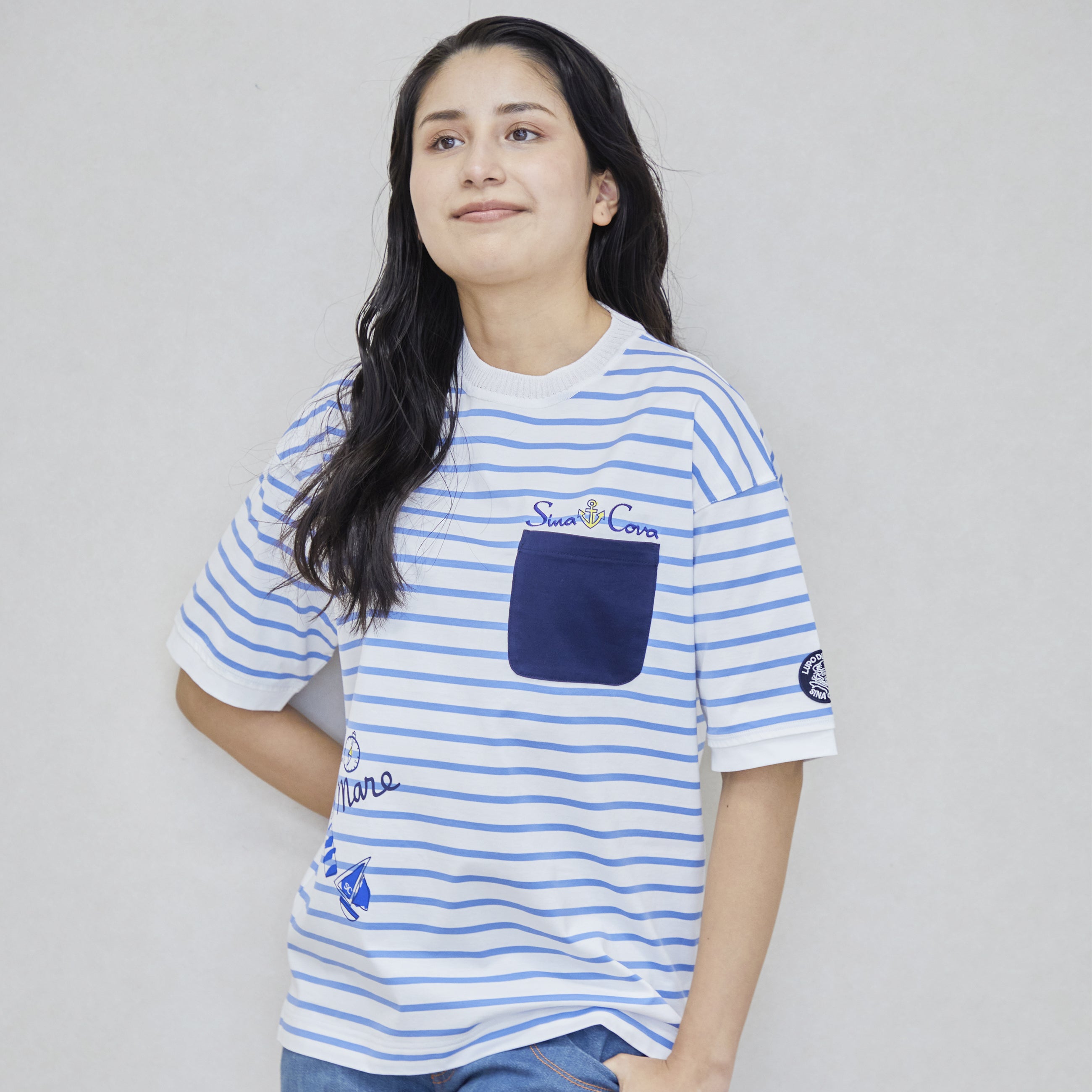 ポケットデザインボーダー半袖Tシャツ ユニセックス（男女兼用）25110540